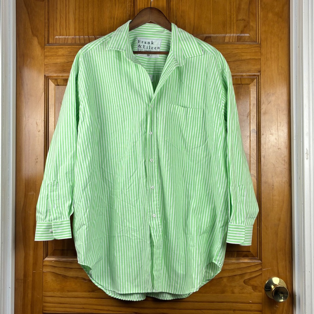 Frank & Eileen Mackenzie OS Green White Striped Button Up Shirt Woven in Italy